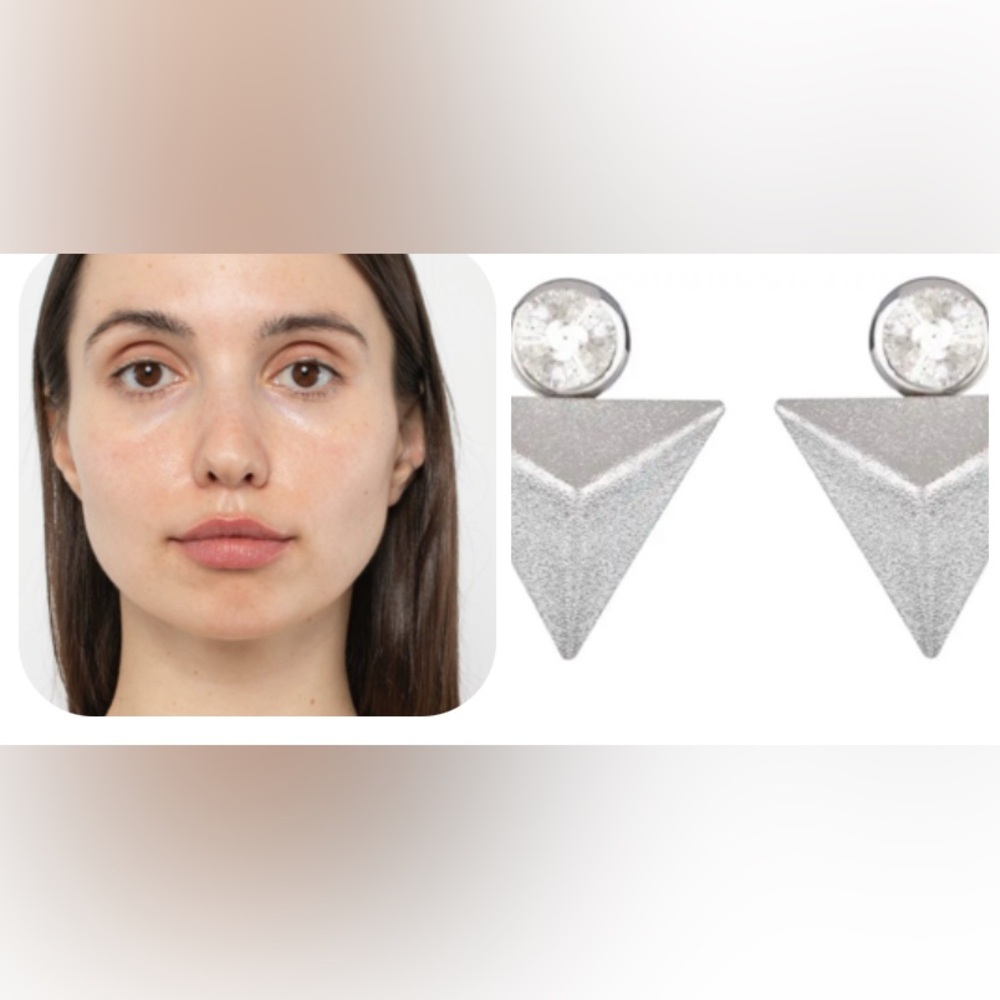 Silver Crystal Geometric Triangle Statement Earri… - image 4